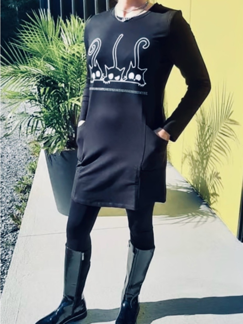 Tricotto Black Mini Dress with White Cat Graphic